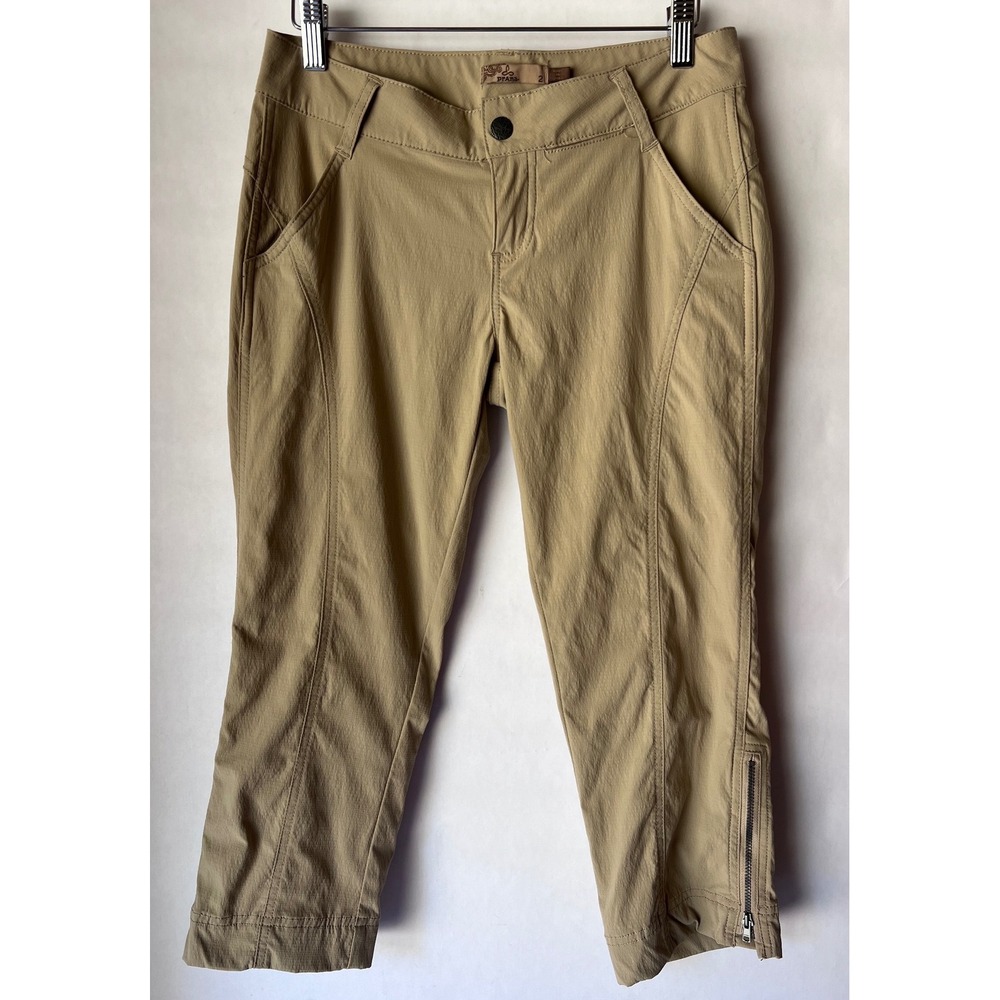 prAna Womens Tan Khaki Ripstop Hiking Capri Pants Side Ankle Zip Size 2